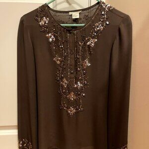 Harolds Vintage Dark Brown Silk Beaded Tunic Top - Small EUC